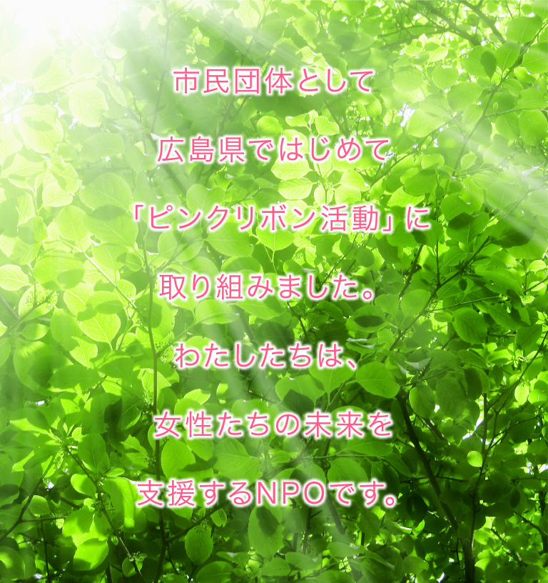 市民団体として広島県ではじめて「ピンクリボン活動」に取り組みました。わたしたちは、女性たちの未来を支援するグループです。